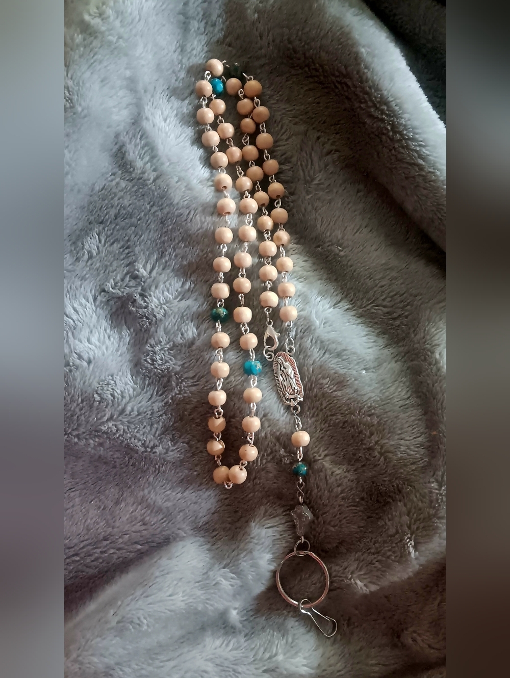 Beaded Rosary-Style Keychain Necklace in Cream and Teal